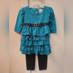 Youngland Teal Sequin Ruffle Dress with Black Leggings